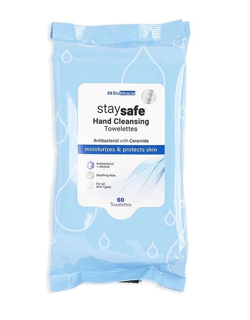 BioMiracle StaySafe Hand Cleansing Towelettes with 62% Alcohol & Aloe - 60 ct
