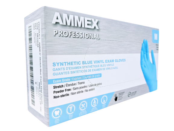 AMMEX Stretch Synthetic Blue Vinyl PF Exam Gloves