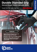 SAFE HEALTH EvolGuard Industrial Diamond Grip Textured Black Nitrile Disposable Gloves